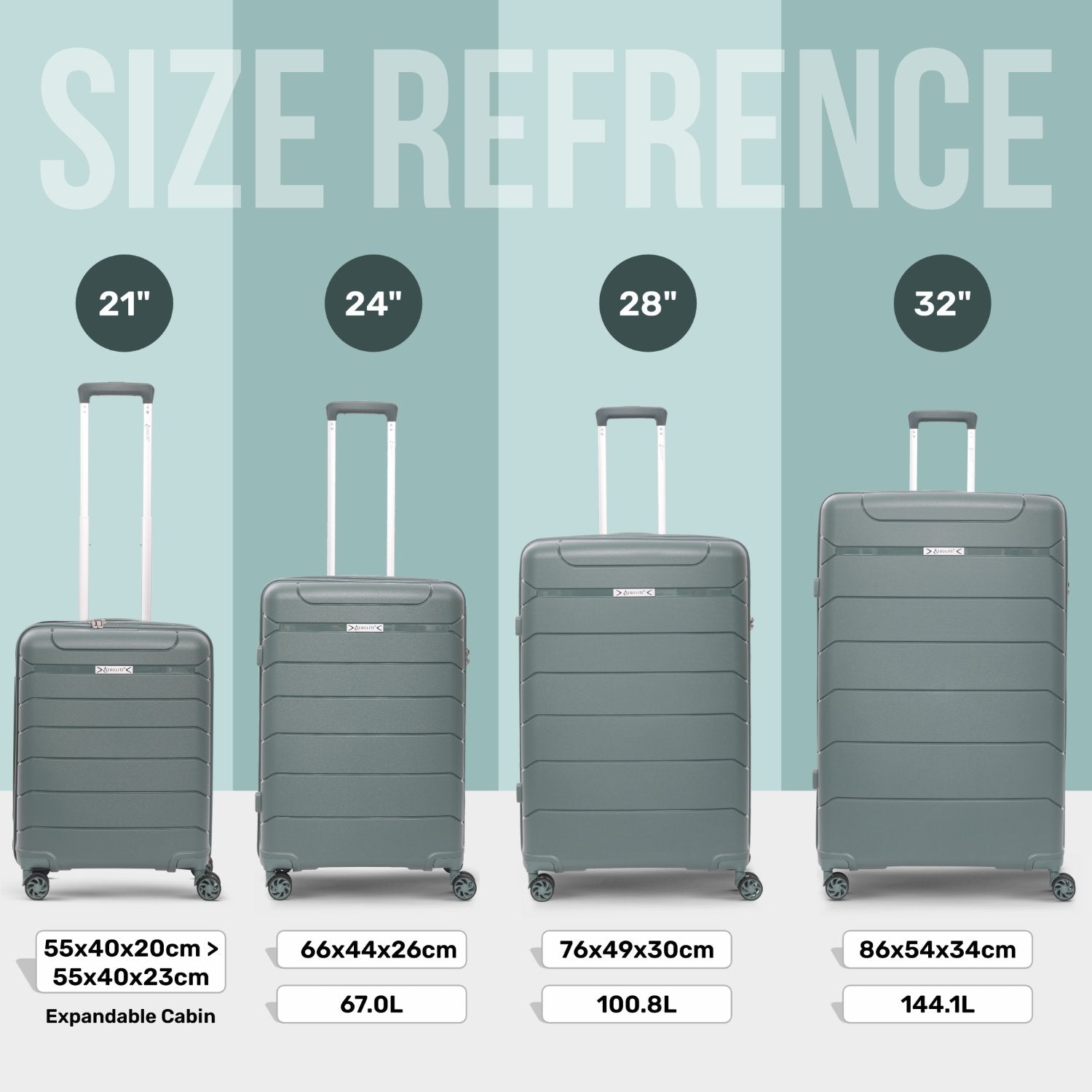 Aerolite Premium PP 4 Piece Hard Shell 4 Dual Wheel Spinner Travel Luggage Suitcase Set , Expandable Cabin + Medium + Large + Extra Large - Dark Green