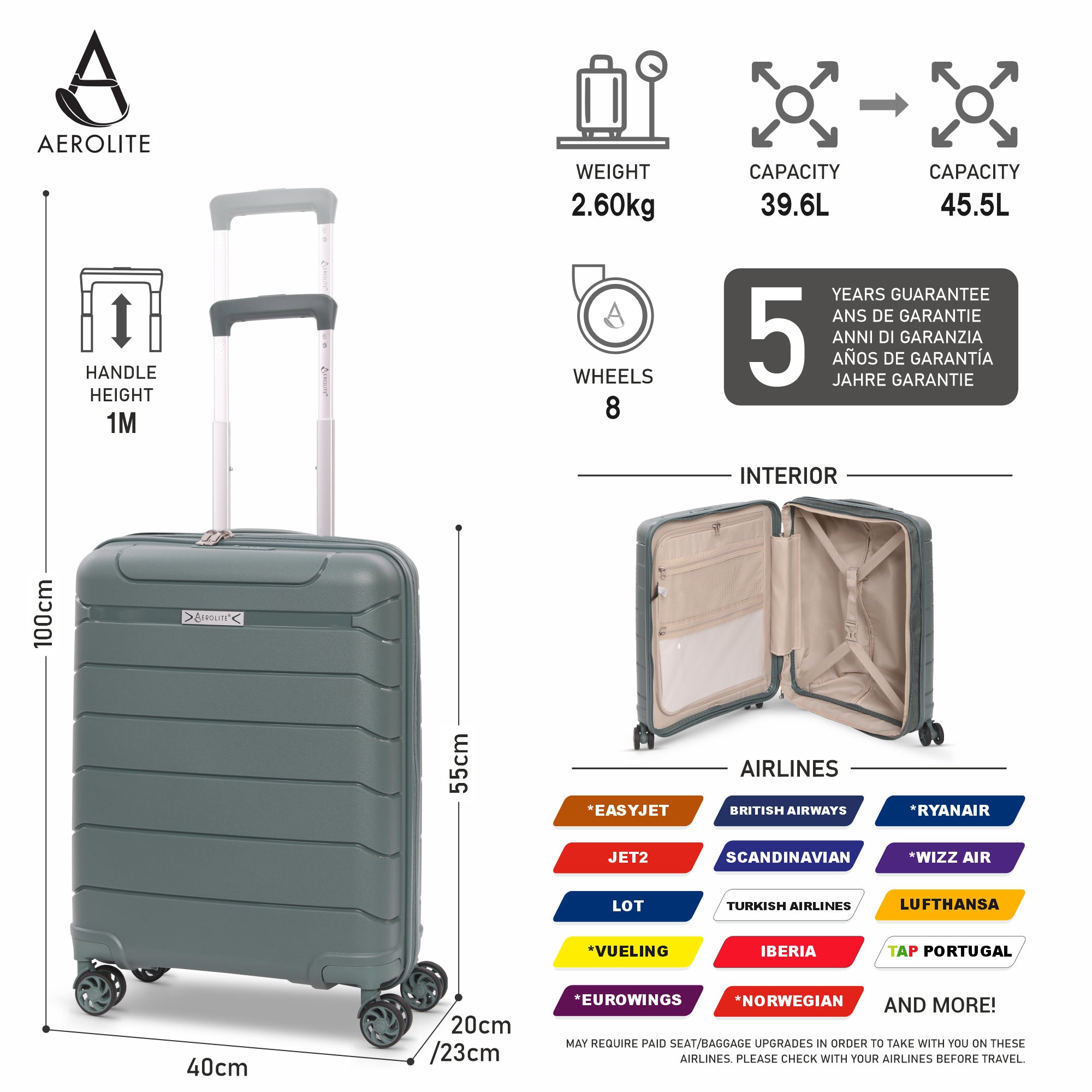 Aerolite Ryanair Priority Bundle – 55x40x20/23cm Expandable Cabin Suitcase + 40x20x25cm Ryanair-Free Underseat Bag with TSA Lock – Lightweight, Airline-Approved Set (Green+Black)
