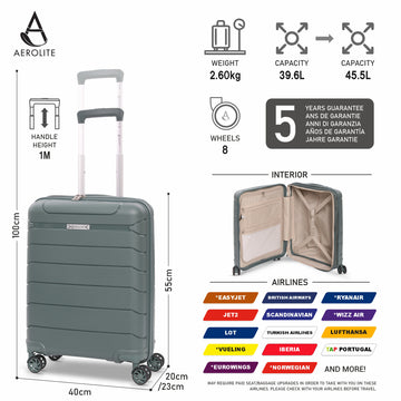 Aerolite Premium PP Expandable Cabin Suitcase 55x40x20cm to 55x40x23cm, Ryanair & Wizz Air Priority Max Size, Lightweight Polypropylene Hard Shell Carry-On with 4 Wheels & TSA Lock - Green