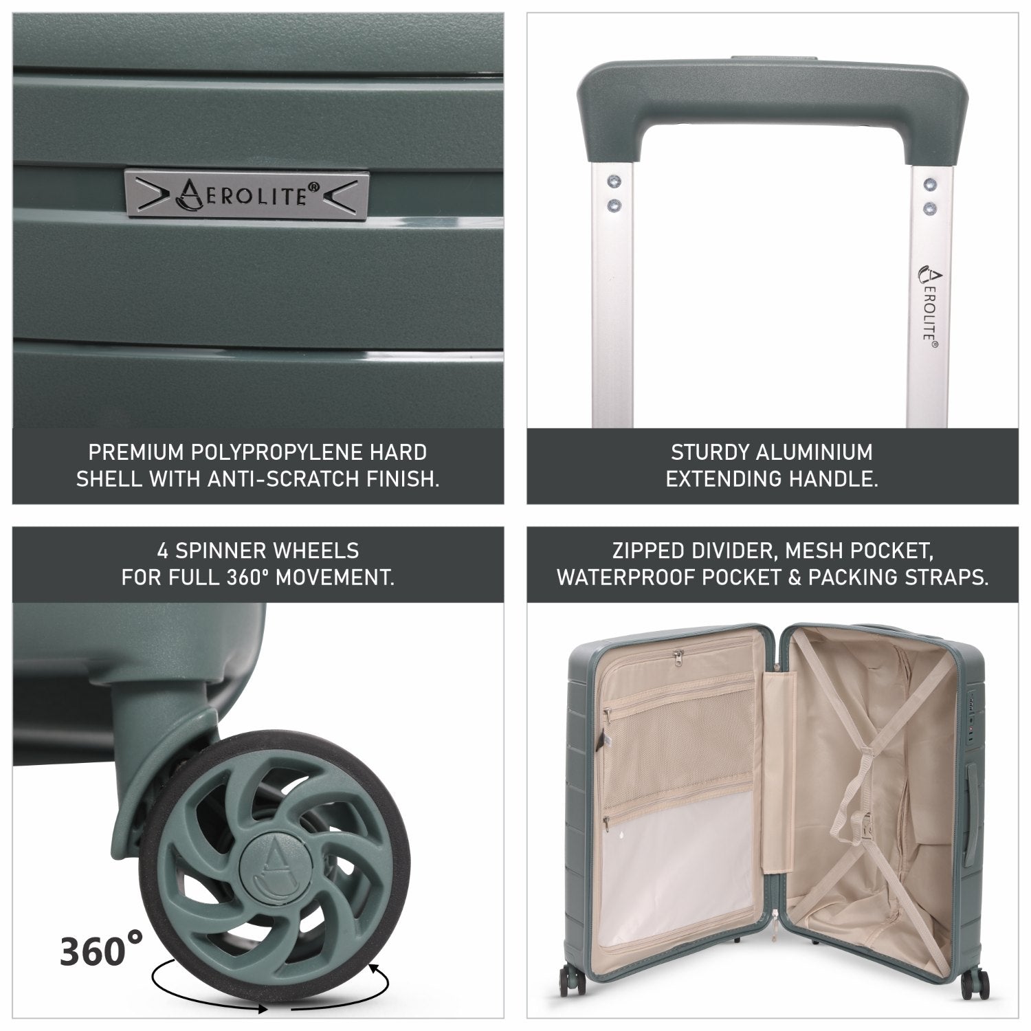 Aerolite 24” Medium 67L Lightweight Polypropylene (PP) Check-In Suitcase – Hard Shell Luggage with Spinner Wheels, TSA Lock & Organised Interior, Green