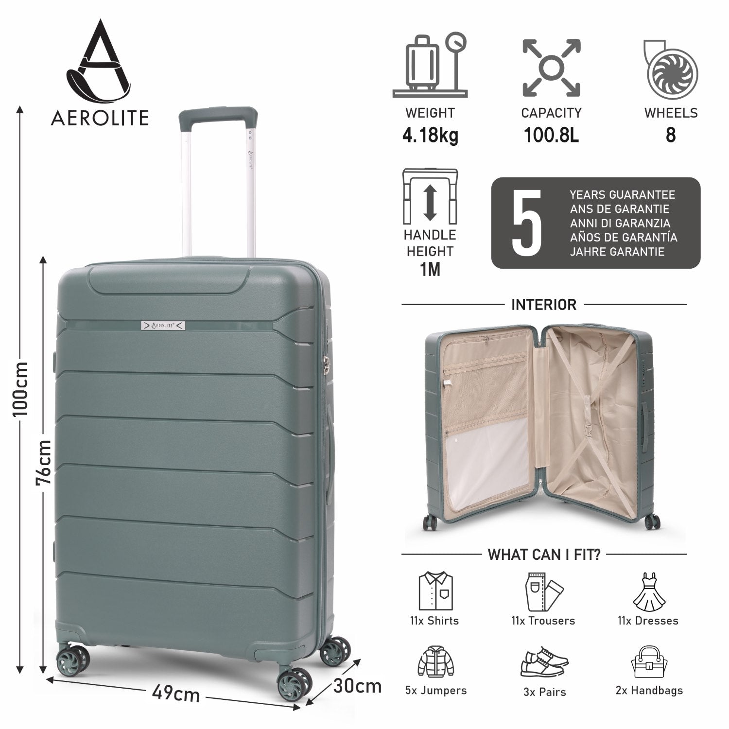 Aerolite 28” Large 100L Lightweight Polypropylene (PP) Check-In Suitcase – Hard Shell Luggage with Spinner Wheels, TSA Lock & Waterproof Pocket, Green