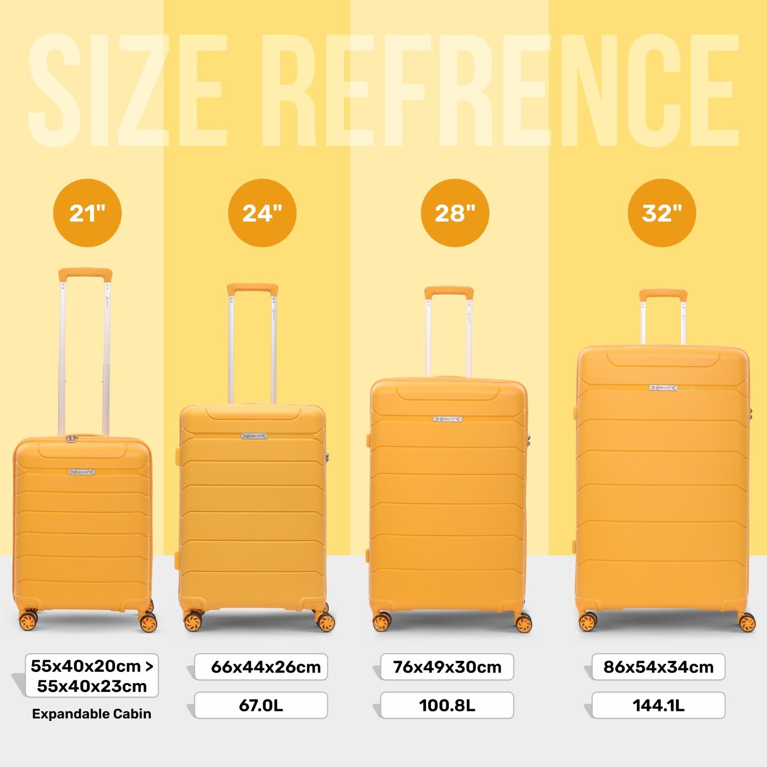 Aerolite Premium PP 4 Piece Hard Shell 4 Dual Wheel Spinner Travel Luggage Suitcase Set , Expandable Cabin + Medium + Large + Extra Large - Mango