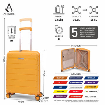 Aerolite Premium PP Expandable Cabin Suitcase 55x40x20cm to 55x40x23cm, Ryanair & Wizz Air Priority Max Size, Lightweight Polypropylene Hard Shell Carry-On with 4 Wheels & TSA Lock - Mango