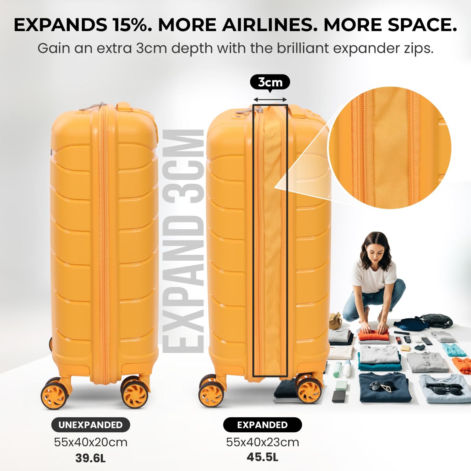 Aerolite Premium PP 3-Piece Luggage Set, Lightweight Polypropylene Hard Shell Suitcases with 4 Dual Spinner Wheels & TSA Lock, Expandable Cabin (21”), Medium (24”), Large (28”), Expandable Carry-On Case Included – Mango