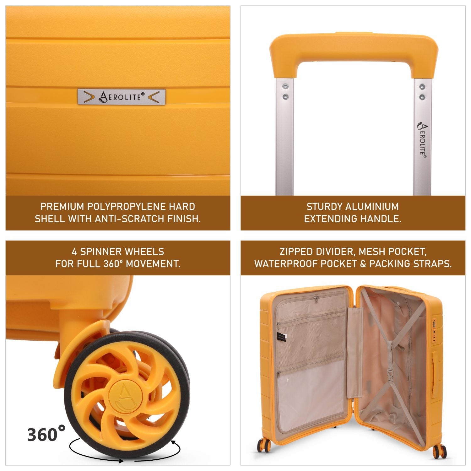 Aerolite Premium PP 3-Piece Luggage Set, Lightweight Polypropylene Hard Shell Suitcases with 4 Dual Spinner Wheels & TSA Lock, Expandable Cabin (21”), Medium (24”), Large (28”), Expandable Carry-On Case Included – Mango
