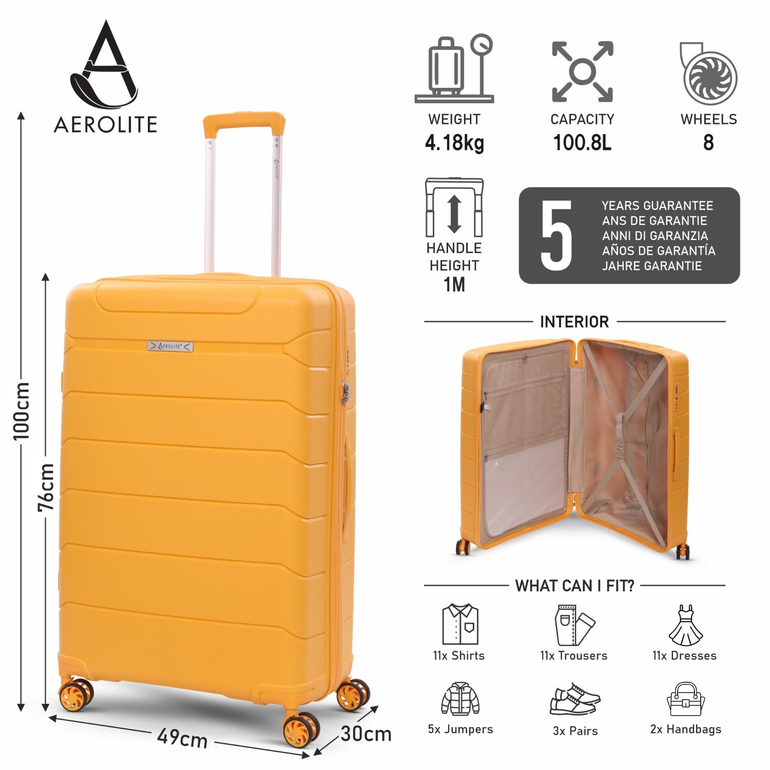 Aerolite Premium PP 3-Piece Luggage Set, Lightweight Polypropylene Hard Shell Suitcases with 4 Dual Spinner Wheels & TSA Lock, Expandable Cabin (21”), Medium (24”), Large (28”), Expandable Carry-On Case Included – Mango