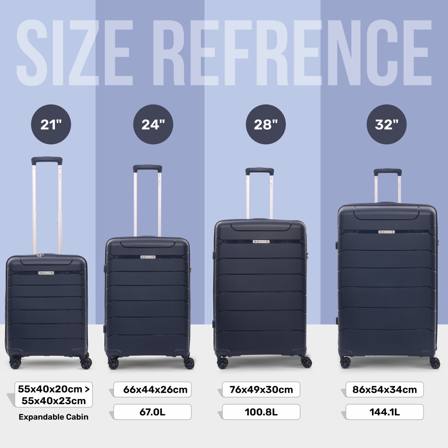 Aerolite Premium PP 4 Piece Hard Shell 4 Dual Wheel Spinner Travel Luggage Suitcase Set , Expandable Cabin + Medium + Large + Extra Large - Navy