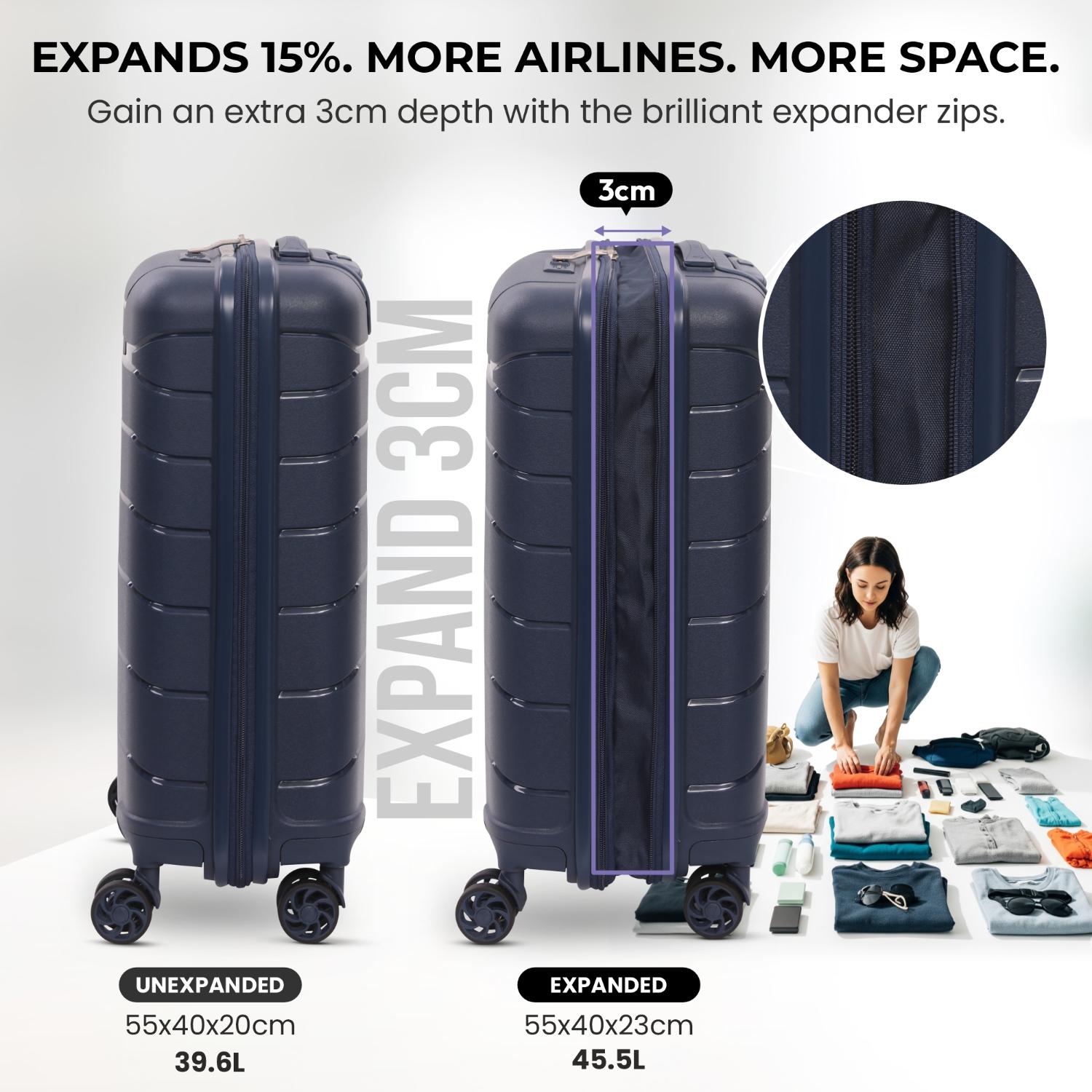 Aerolite Premium PP 3-Piece Luggage Set, Lightweight Polypropylene Hard Shell Suitcases with 4 Dual Spinner Wheels & TSA Lock, Expandable Cabin (21”), Medium (24”), Large (28”), Expandable Carry-On Case Included – Navy