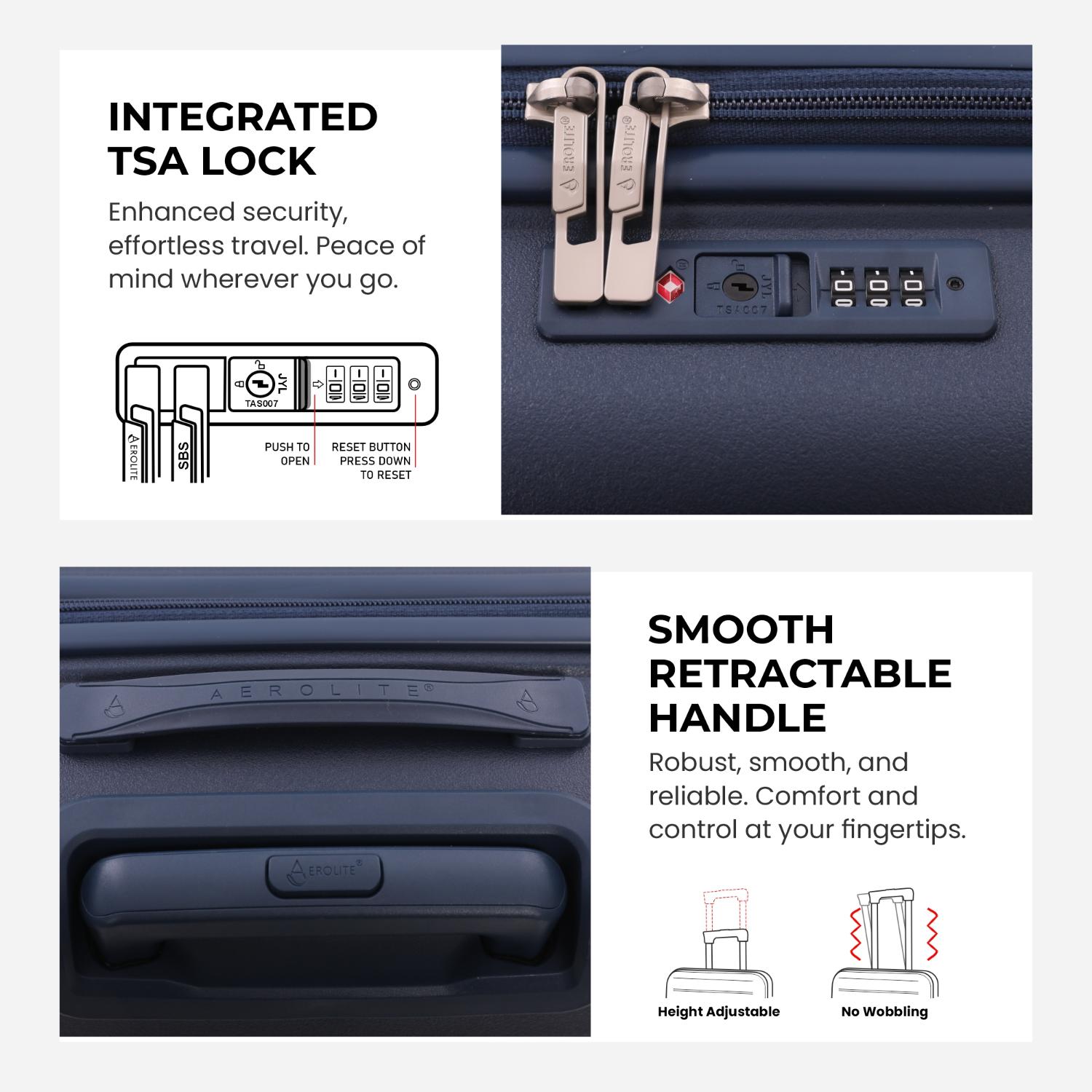 Aerolite Premium PP 3-Piece Luggage Set, Lightweight Polypropylene Hard Shell Suitcases with 4 Dual Spinner Wheels & TSA Lock, Expandable Cabin (21”), Medium (24”), Large (28”), Expandable Carry-On Case Included – Navy