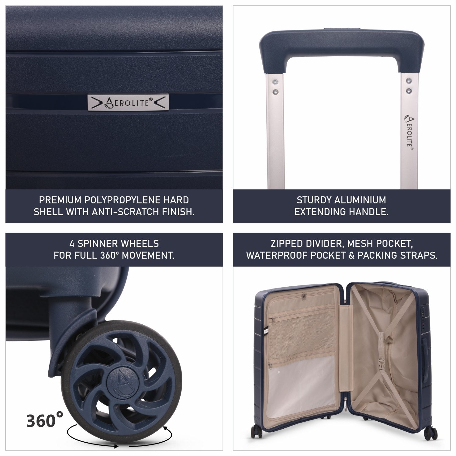 Aerolite Premium PP 3-Piece Luggage Set, Lightweight Polypropylene Hard Shell Suitcases with 4 Dual Spinner Wheels & TSA Lock, Expandable Cabin (21”), Medium (24”), Large (28”), Expandable Carry-On Case Included – Navy