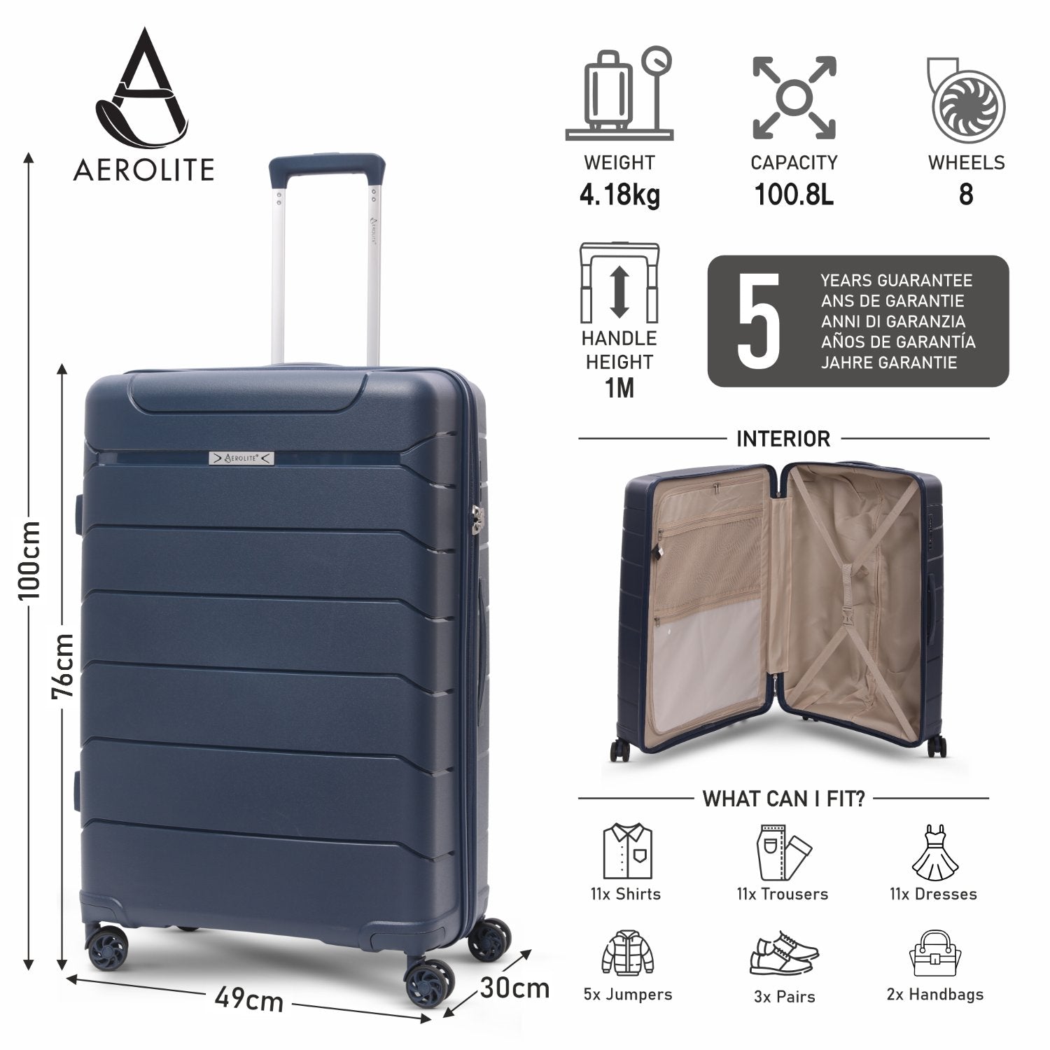 Aerolite Premium PP 3-Piece Luggage Set, Lightweight Polypropylene Hard Shell Suitcases with 4 Dual Spinner Wheels & TSA Lock, Expandable Cabin (21”), Medium (24”), Large (28”), Expandable Carry-On Case Included – Navy
