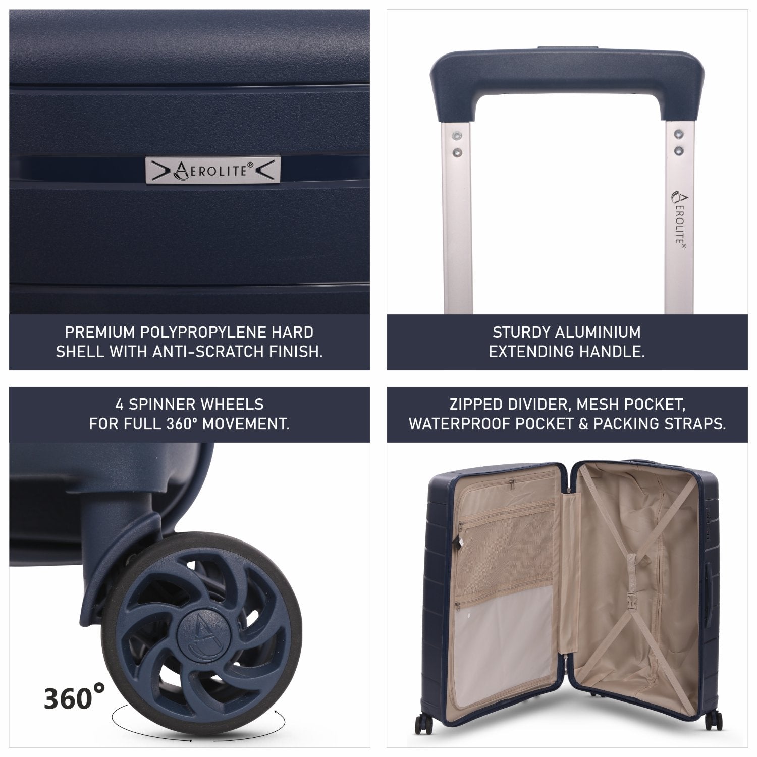 Aerolite Premium PP 3-Piece Luggage Set, Lightweight Polypropylene Hard Shell Suitcases with 4 Dual Spinner Wheels & TSA Lock, Expandable Cabin (21”), Medium (24”), Large (28”), Expandable Carry-On Case Included – Navy