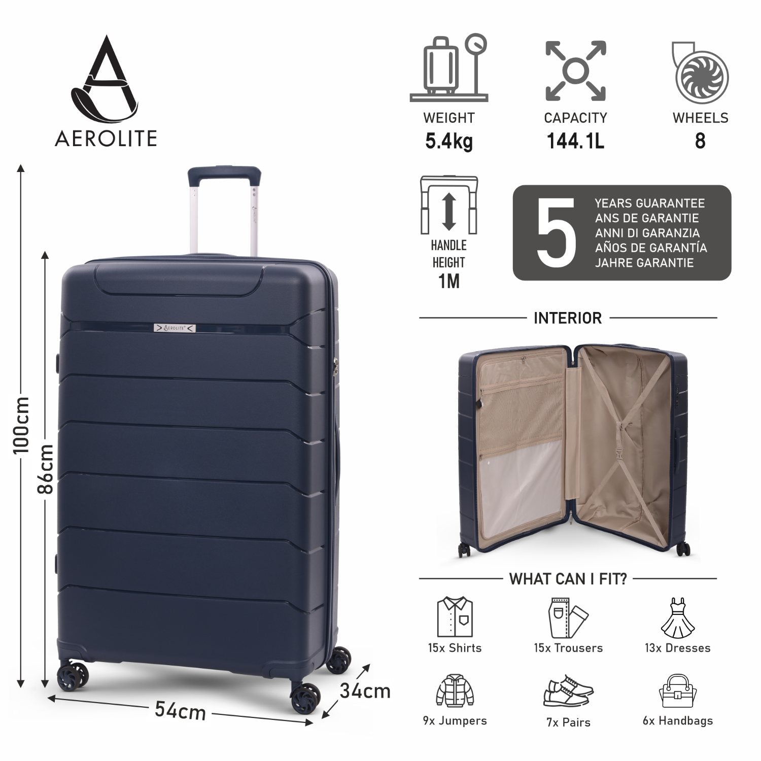 Aerolite Premium PP 4 Piece Hard Shell 4 Dual Wheel Spinner Travel Luggage Suitcase Set , Expandable Cabin + Medium + Large + Extra Large - Navy