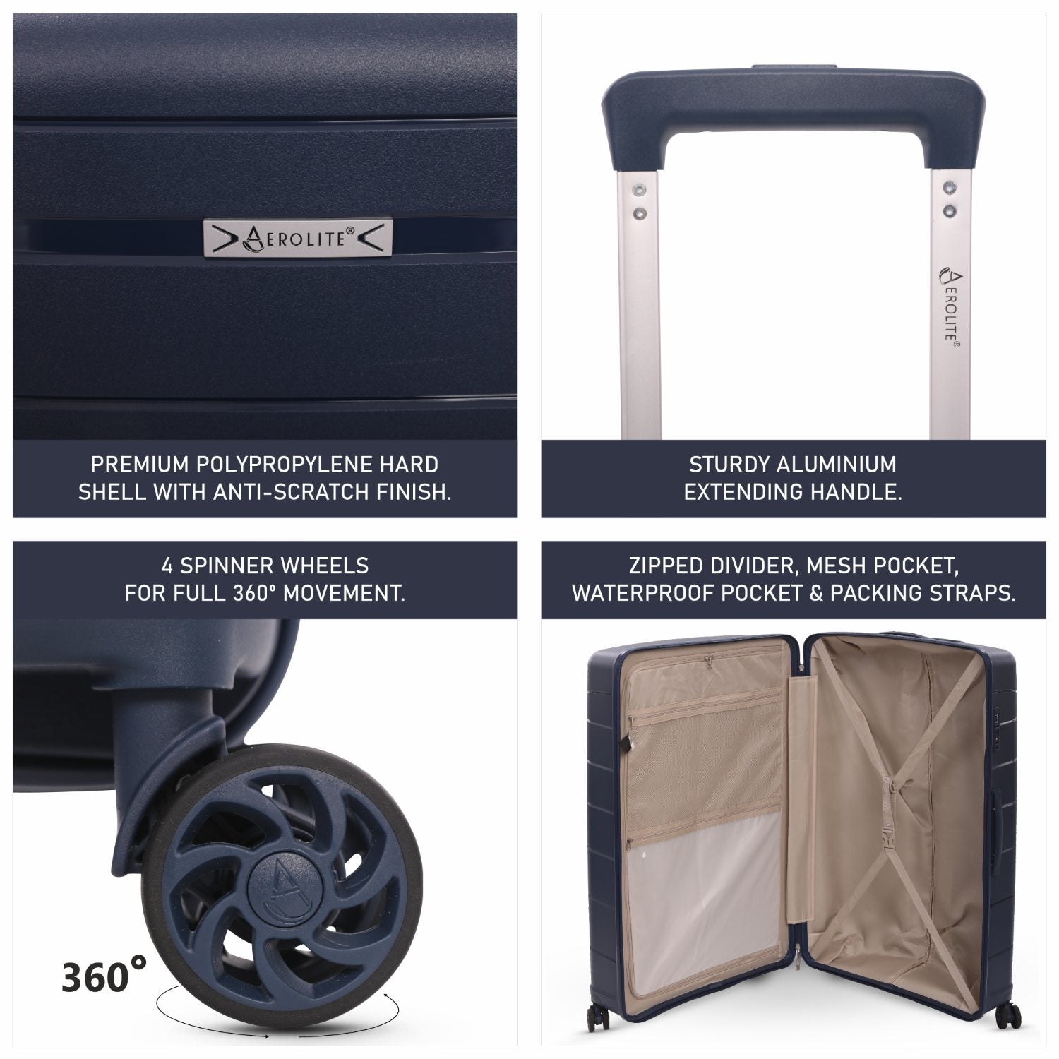 Aerolite Premium PP 4 Piece Hard Shell 4 Dual Wheel Spinner Travel Luggage Suitcase Set , Expandable Cabin + Medium + Large + Extra Large - Navy