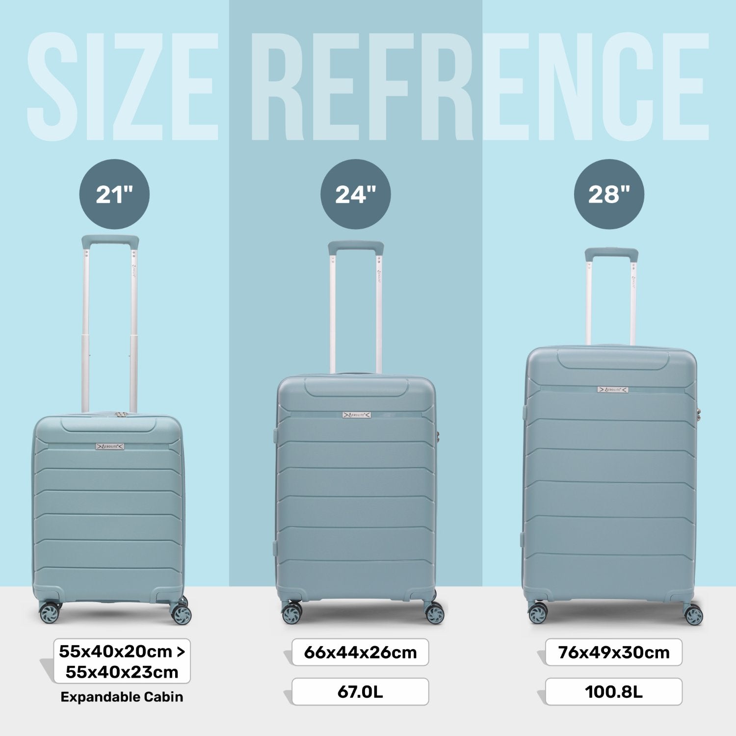 Aerolite Premium PP 3-Piece Luggage Set, Lightweight Polypropylene Hard Shell Suitcases with 4 Dual Spinner Wheels & TSA Lock, Expandable Cabin (21”), Medium (24”), Large (28”), Expandable Carry-On Case Included – Sage