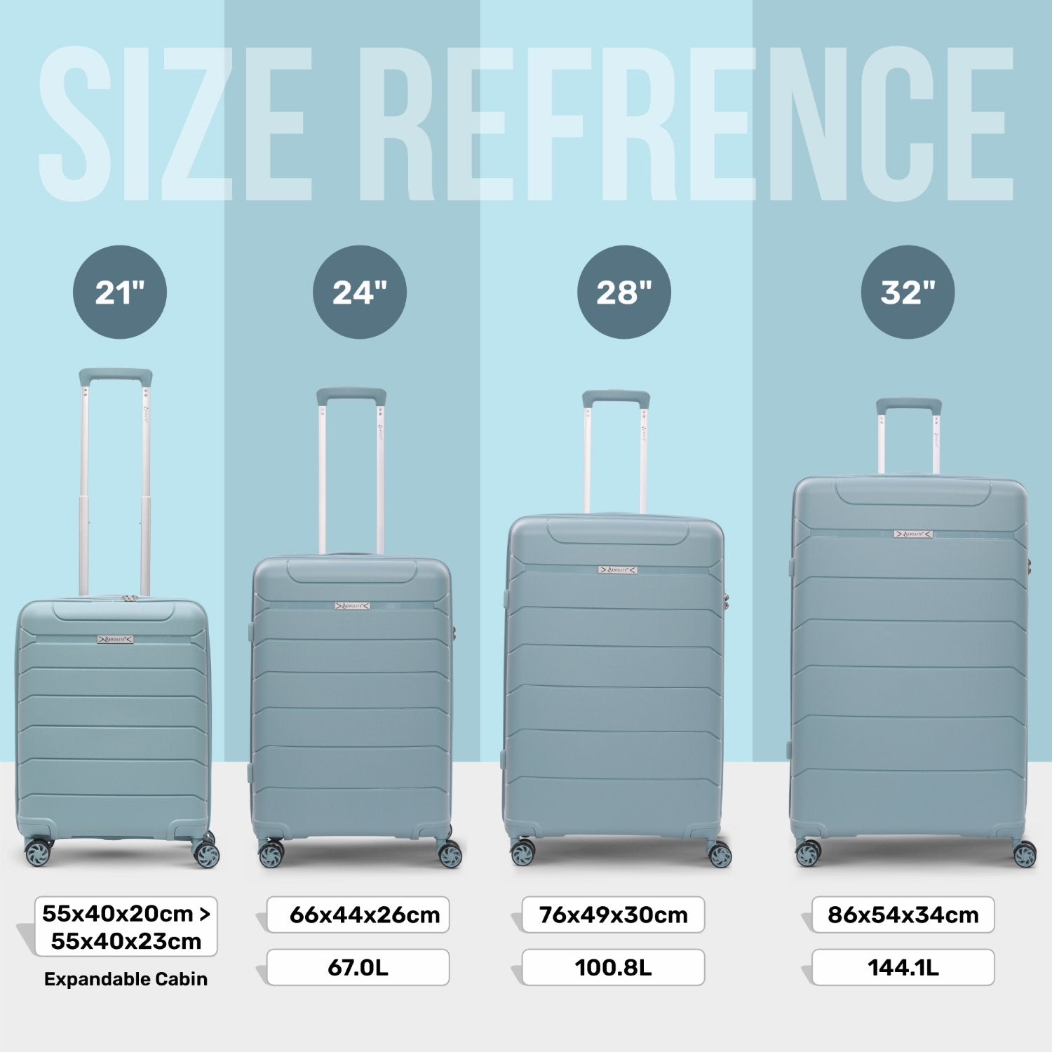 Aerolite Premium PP 4 Piece Hard Shell 4 Dual Wheel Spinner Travel Luggage Suitcase Set , Expandable Cabin + Medium + Large + Extra Large - Sage