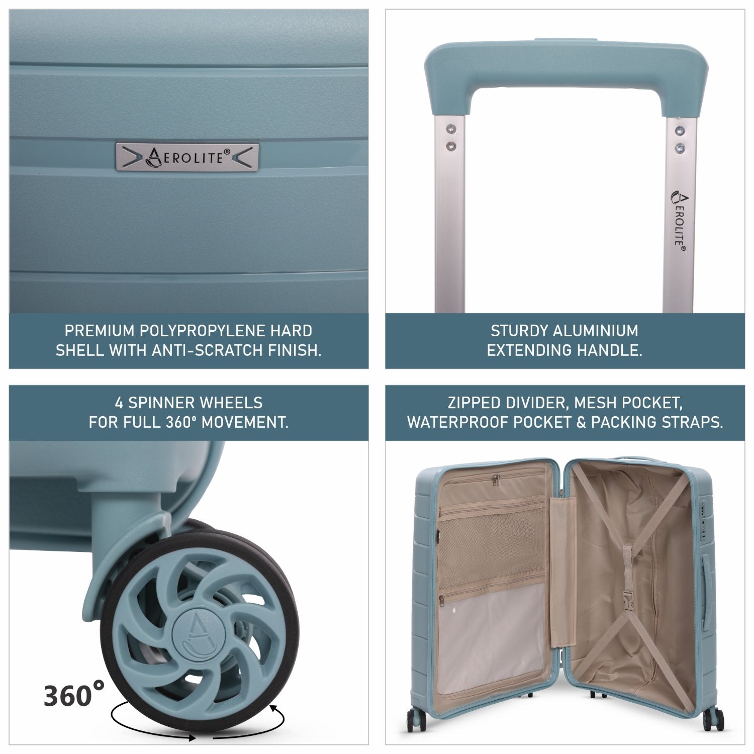 Aerolite Premium PP 4 Piece Hard Shell 4 Dual Wheel Spinner Travel Luggage Suitcase Set , Expandable Cabin + Medium + Large + Extra Large - Sage