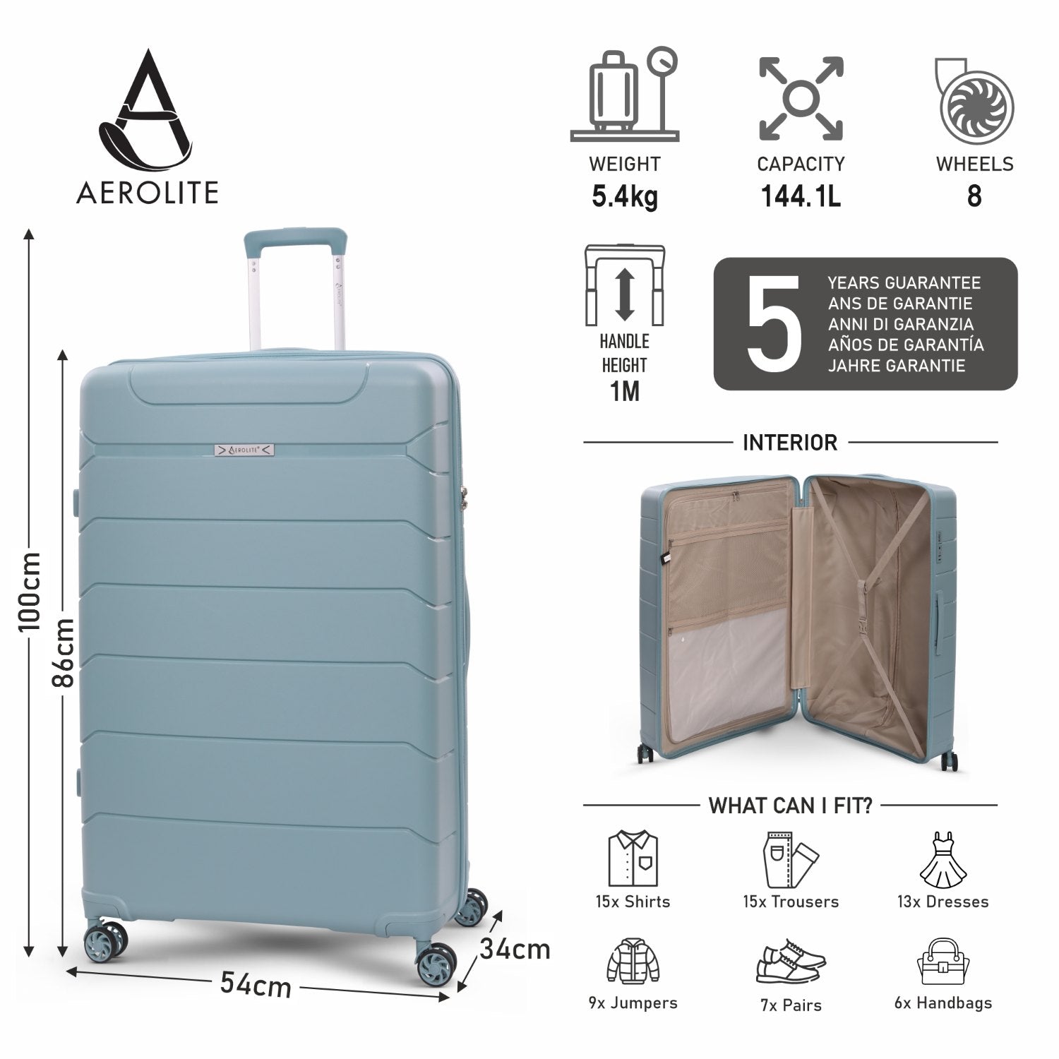Aerolite 32” XL 144L Polypropylene (PP) Checked Luggage – Lightweight Extra Large Hard Shell Suitcase with 4 Spinner Wheels, TSA Lock & Waterproof Pocket – Sage