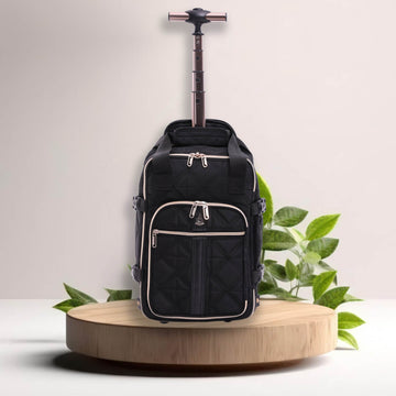 Aerolite 40x20x25cm Ryanair eco-friendly quilted backpack trolley bag with 2 wheels, extendable handle, and premium black design on a wooden platform.