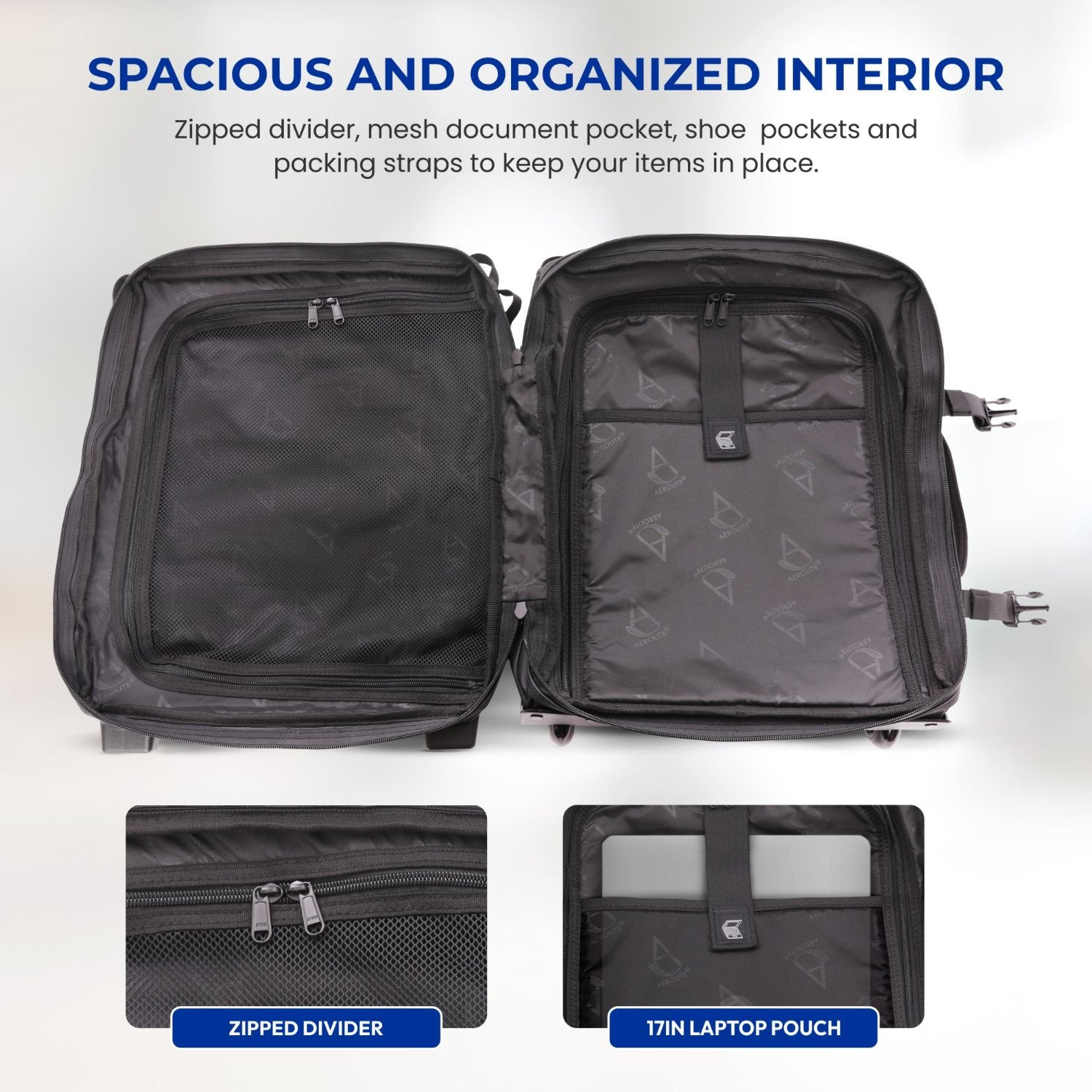 Aerolite Ryanair Priority Max Waterproof Trolley Cabin Bag 55x40×20 cm, 44L Carry-On with 17" Laptop Sleeve, TSA Lock & 2 Wheels – Black