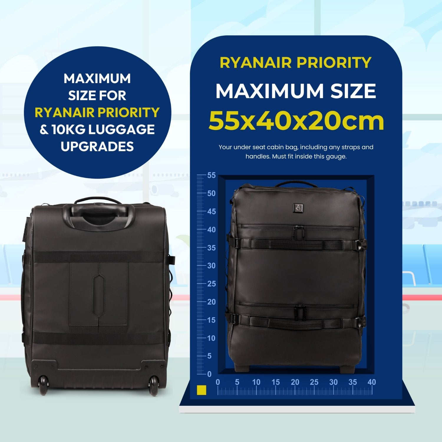 Aerolite Ryanair Priority Max Waterproof Trolley Cabin Bag 55x40×20 cm, 44L Carry-On with 17" Laptop Sleeve, TSA Lock & 2 Wheels – Black