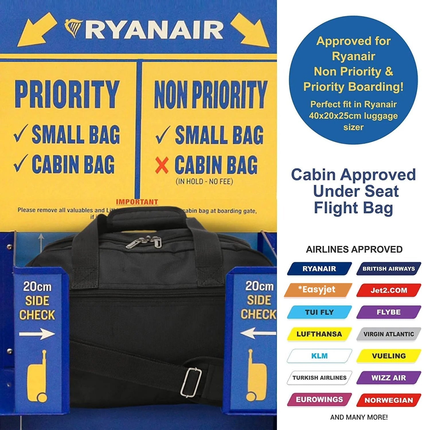 Aerolite (40x20x25cm) Approved for Ryanair Free Allowance, With 5 Years Guarantee, New and Improved 2025 Holdall Cabin Luggage Under Seat Flight Bag