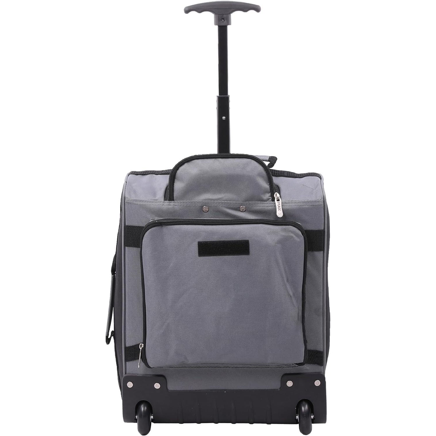 Rear view of Aerolite MiniMAX black suitcase with sturdy wheels and durable fabric, designed for travel convenience.
