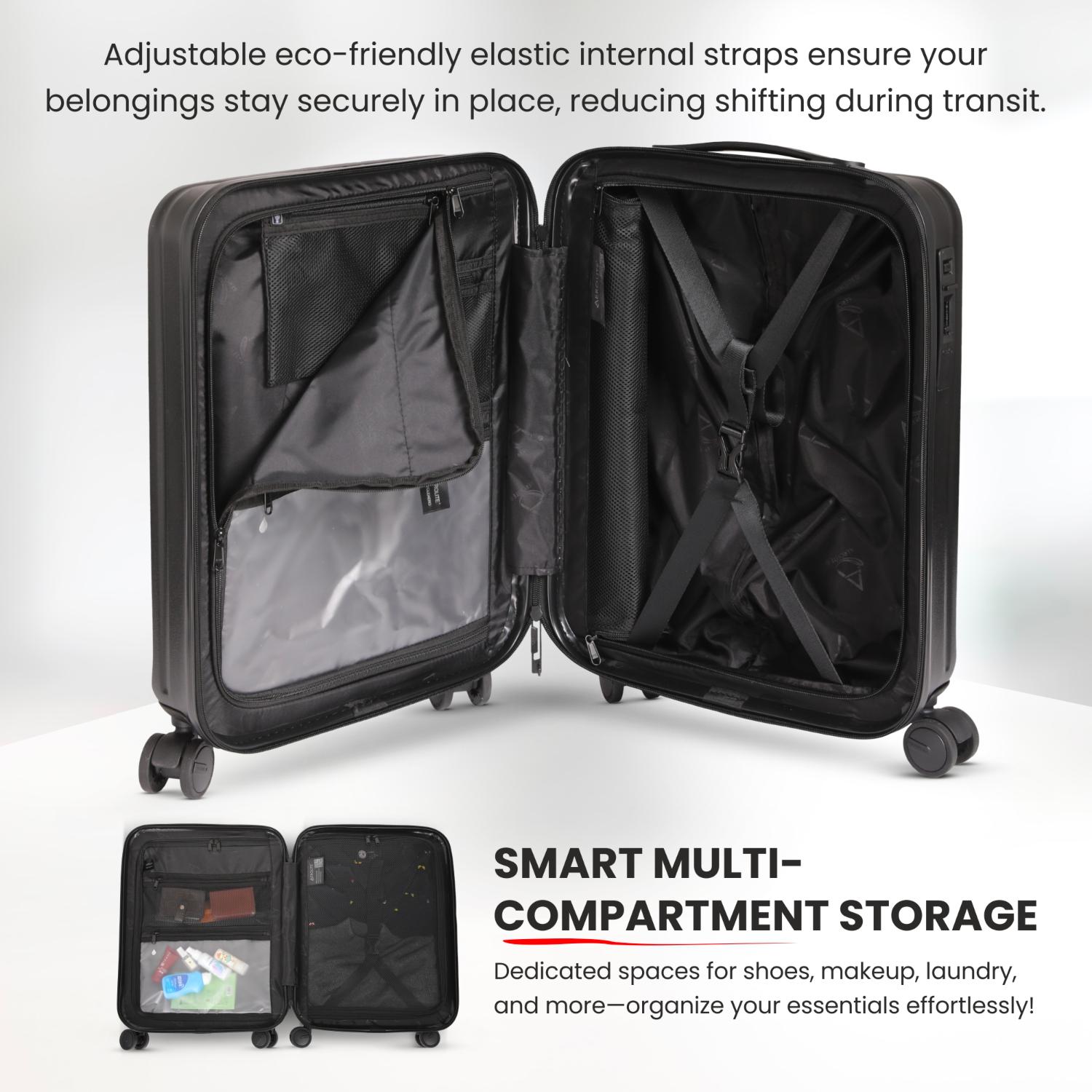 Aerolite M-Lite Smart 21” Cabin Suitcase – Silent & Smooth Hinomoto Wheels with Brake Button, Front Laptop Pocket, Durable PP Polypropylene, USB Charging, TSA Lock, 55x40x23cm