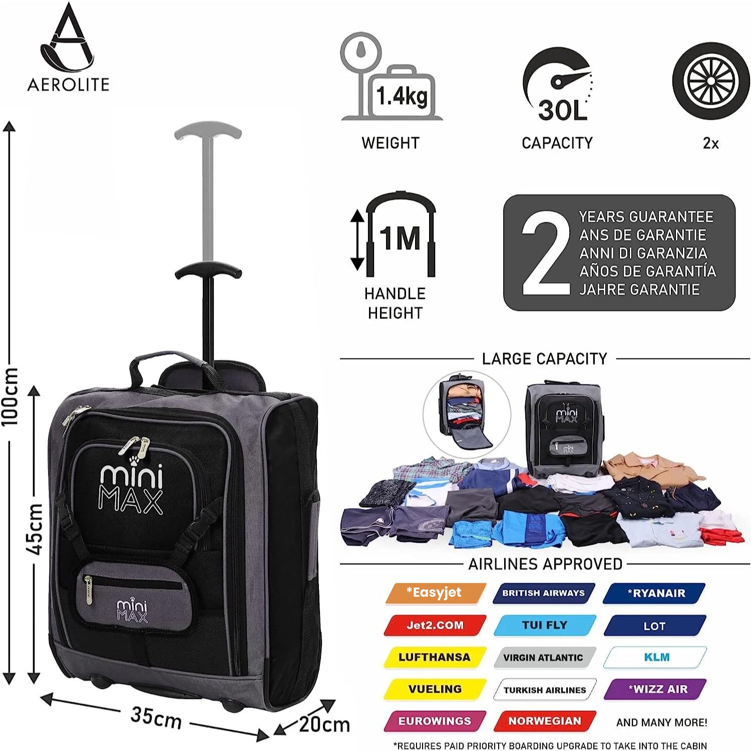 Aerolite MiniMAX black suitcase with 30L capacity, 2-year warranty, and airline-approved under-seat dimensions of 45x35x20cm.