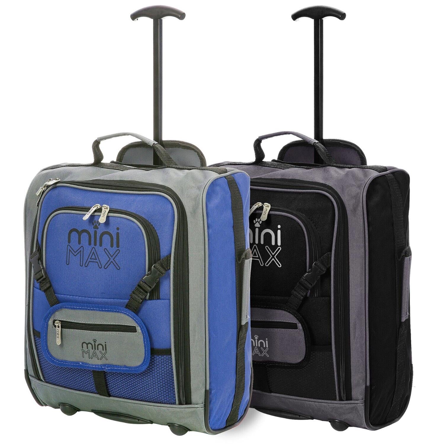 Aerolite MiniMAX blue and black suitcases side by side, featuring compact dimensions and airline-approved design.