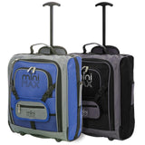 Aerolite MiniMAX blue and black suitcases side by side, featuring compact dimensions and airline-approved design.