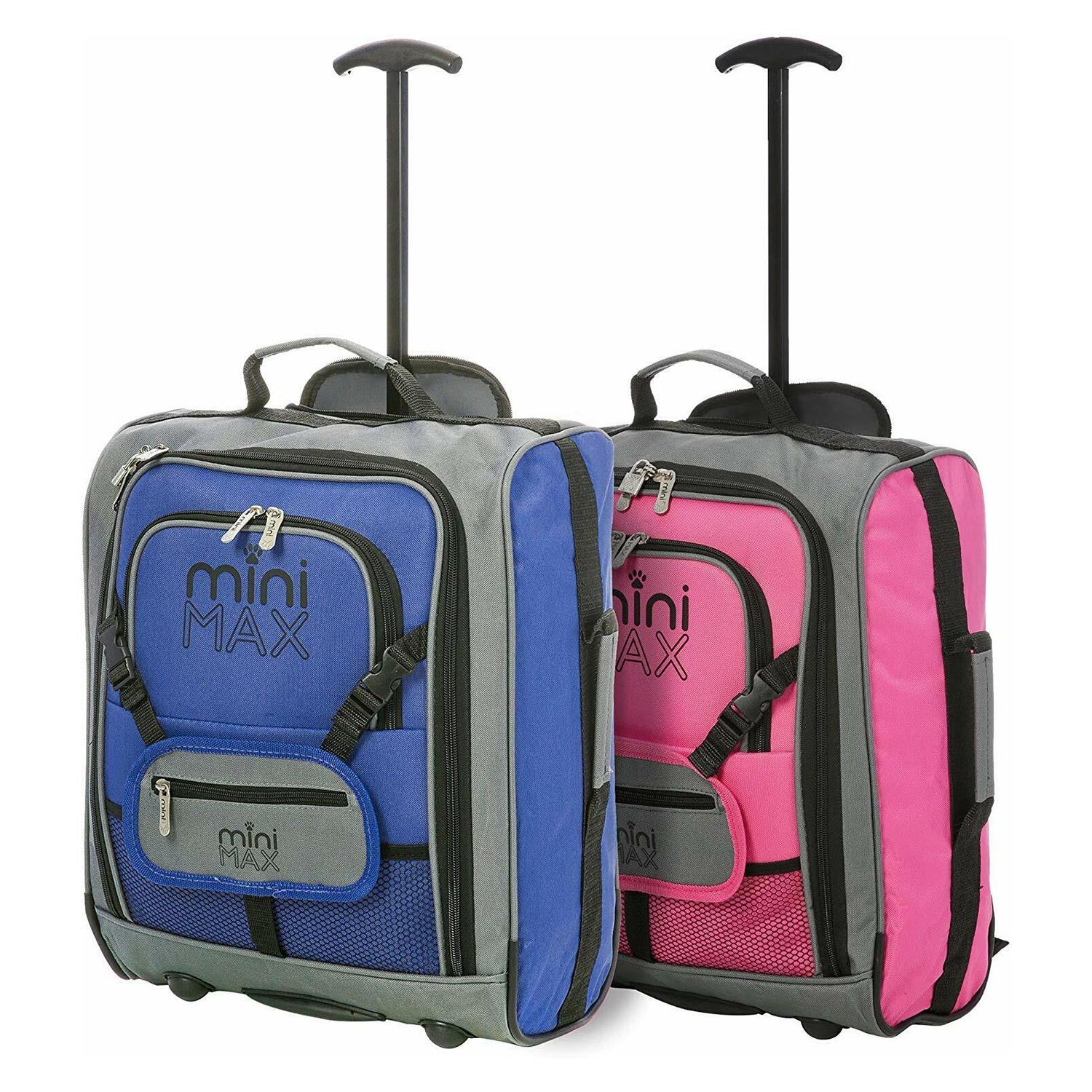 Aerolite MiniMAX blue and pink suitcases side by side, highlighting their compact size and versatile travel use.