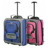 Aerolite MiniMAX blue and pink suitcases side by side, highlighting their compact size and versatile travel use.