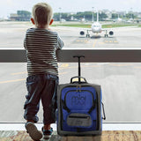 Child standing at an airport window with Aerolite MiniMAX blue suitcase, showcasing its kid-friendly design.