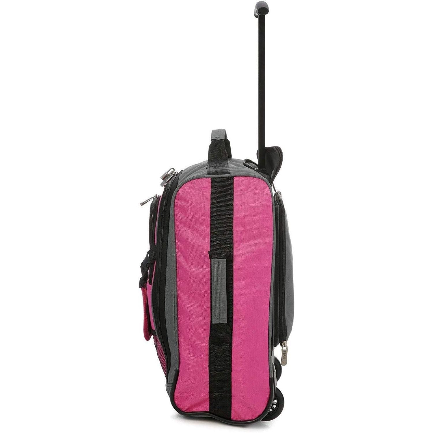 Side profile of Aerolite MiniMAX pink suitcase with durable fabric and lightweight construction for easy portability.