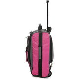Side profile of Aerolite MiniMAX pink suitcase with durable fabric and lightweight construction for easy portability.