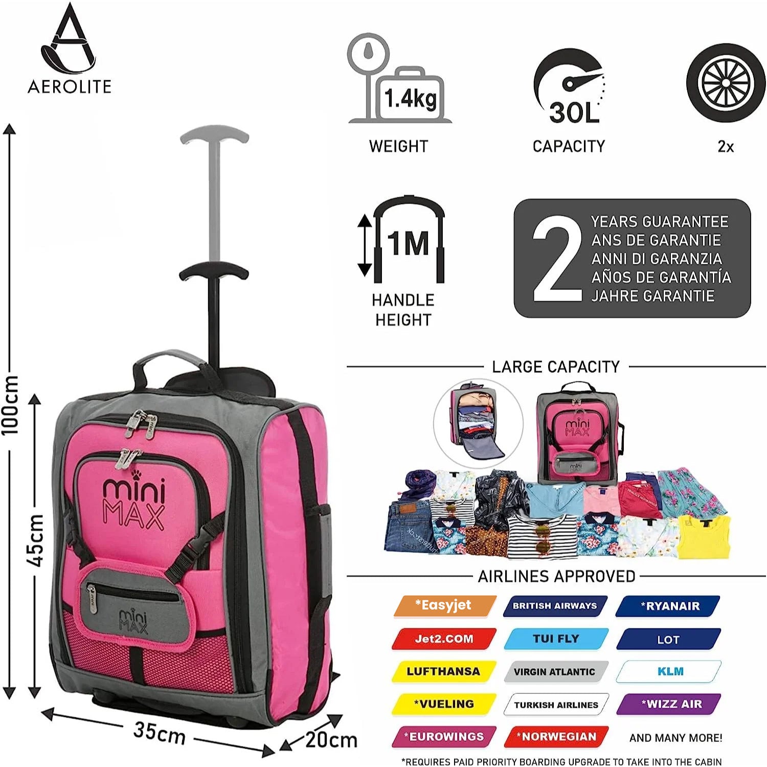 Aerolite MiniMAX pink suitcase with 30L capacity, 2-year warranty, and airline-approved under-seat dimensions of 45x35x20cm.