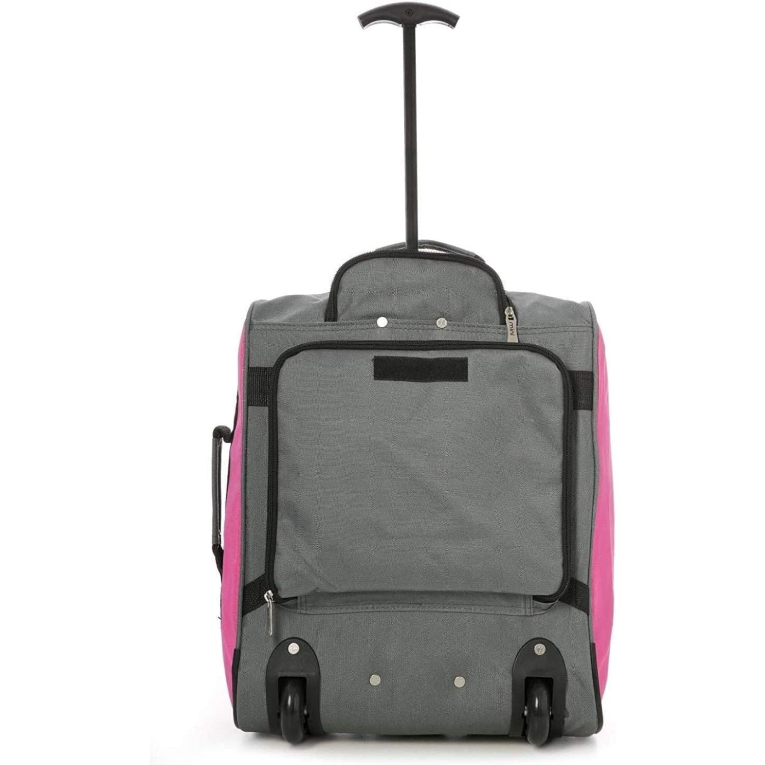 Rear view of Aerolite MiniMAX pink suitcase with sturdy wheels and durable fabric, designed for travel convenience.