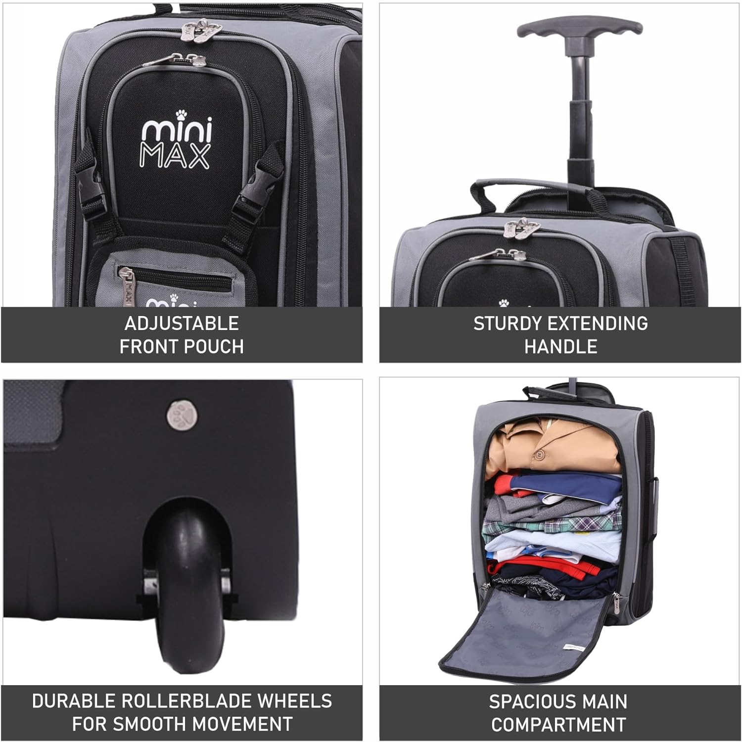 Close-up features of Aerolite MiniMax trolley bag including adjustable front pouch, sturdy handle, smooth wheels, and spacious compartment.