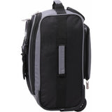 Side view of Aerolite MiniMax trolley backpack in black and grey, highlighting its compact profile and durable construction.