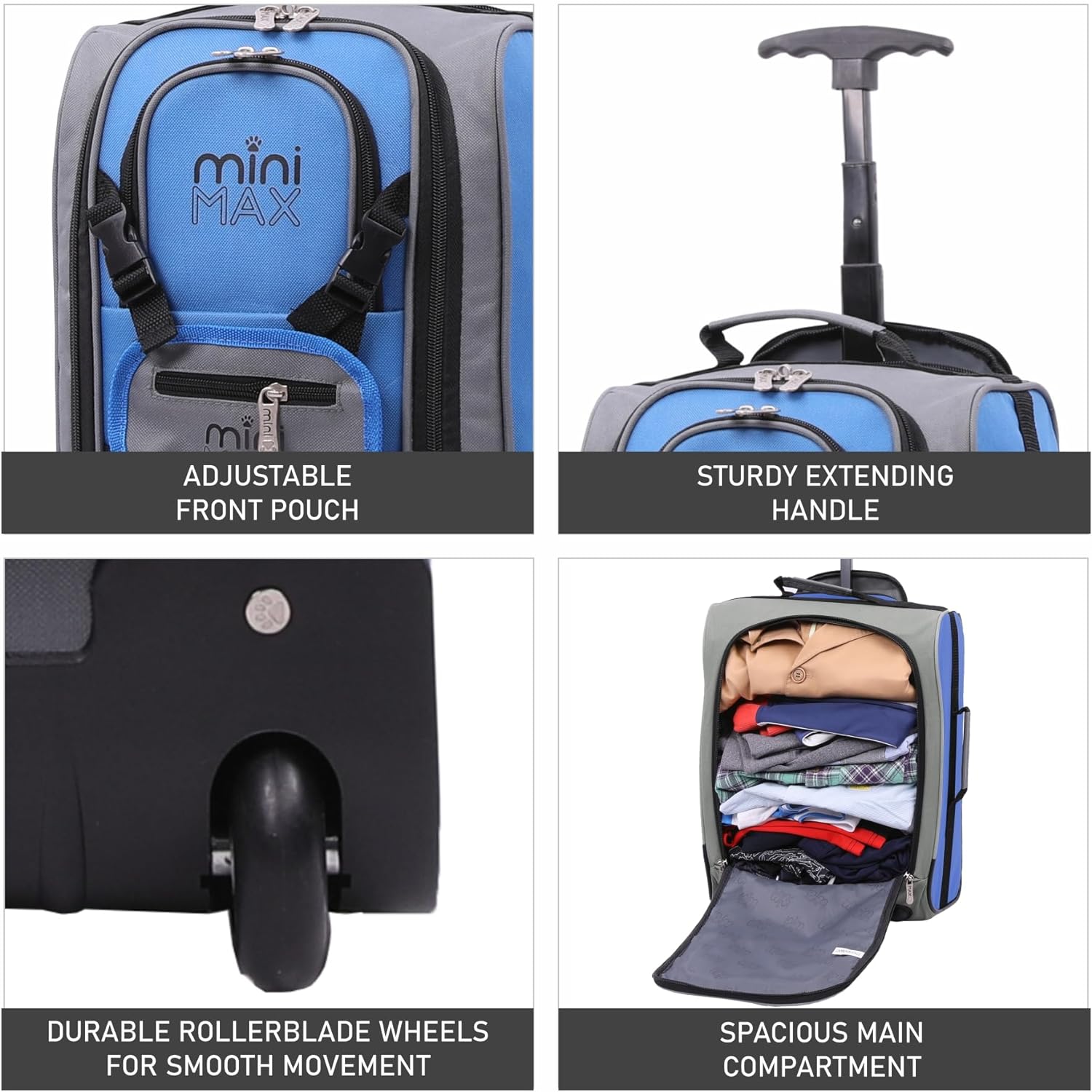 Close-up features of Aerolite MiniMax trolley bag including adjustable front pouch, sturdy handle, smooth wheels, and spacious compartment.
