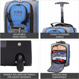 Close-up features of Aerolite MiniMax trolley bag including adjustable front pouch, sturdy handle, smooth wheels, and spacious compartment.