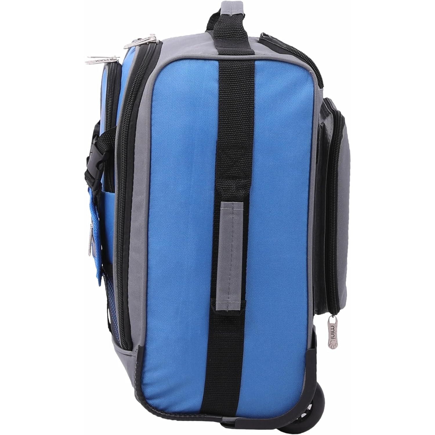 Side view of Aerolite MiniMax trolley backpack in blue and grey, highlighting its compact profile and durable construction.