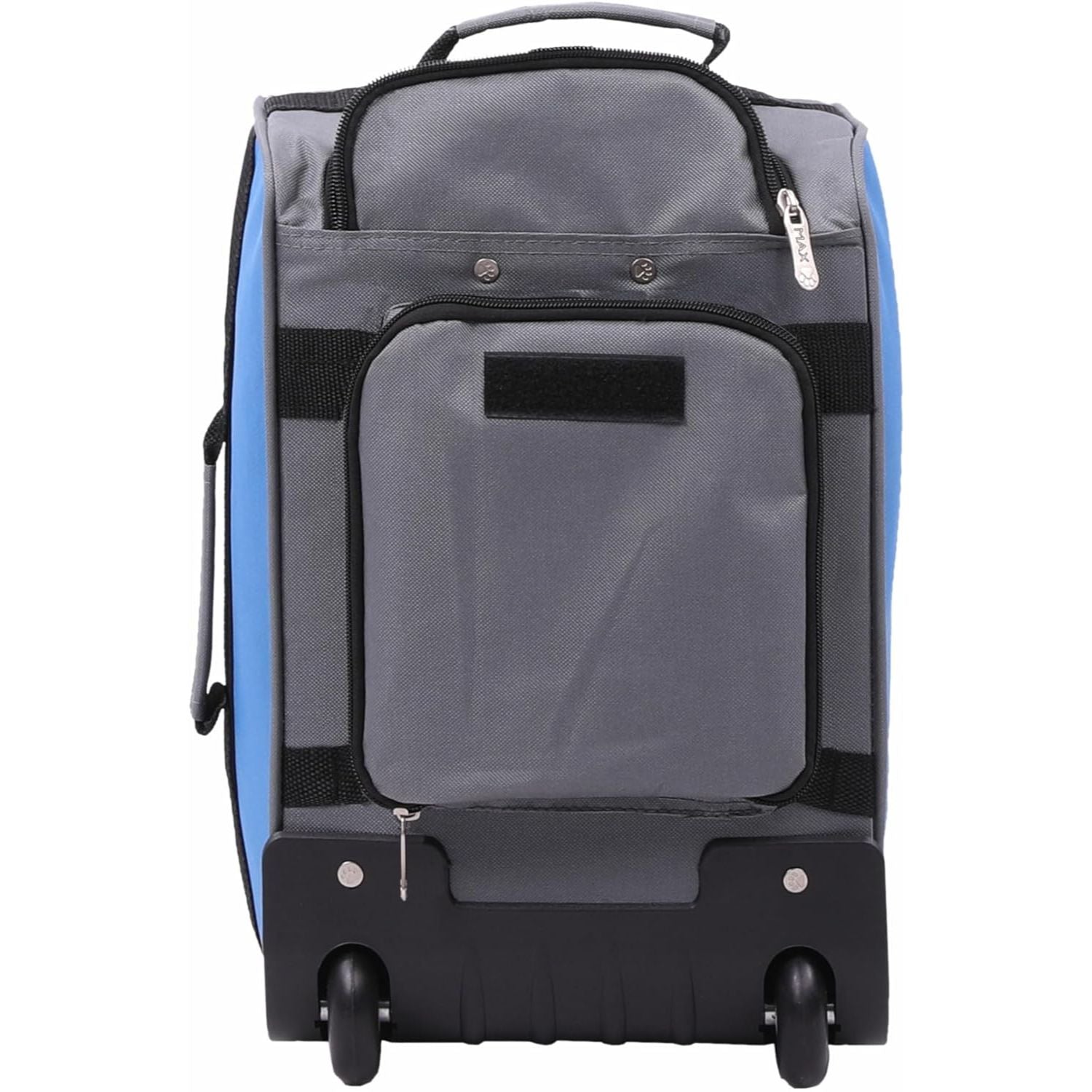 Back view of Aerolite MiniMax trolley backpack in grey, showing the retractable handle storage and sturdy wheelbase.