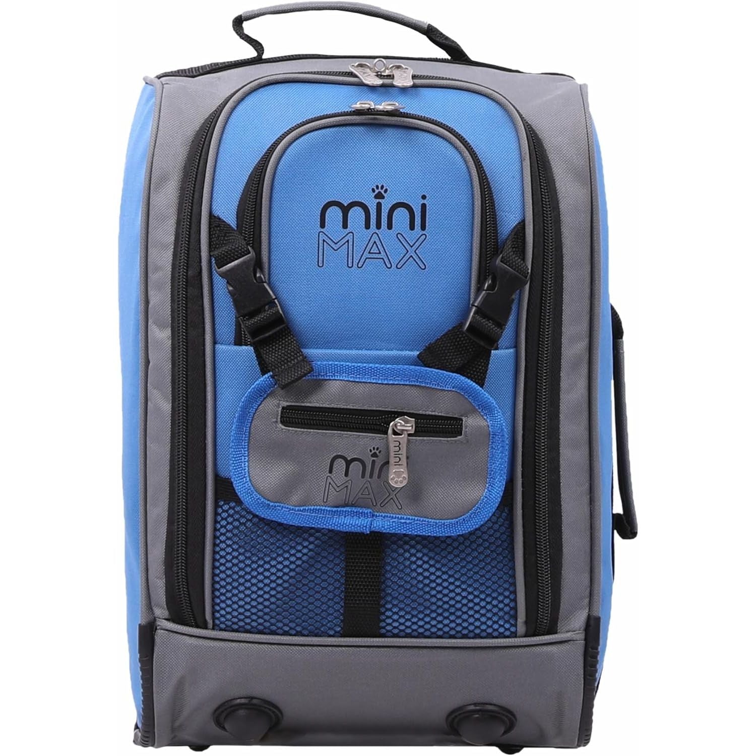 Front view of Aerolite MiniMax trolley backpack in blue and grey, featuring a compact design with front pockets and adjustable straps.
