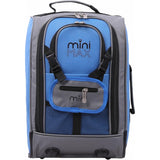 Front view of Aerolite MiniMax trolley backpack in blue and grey, featuring a compact design with front pockets and adjustable straps.