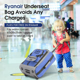 Child pulling a blue Aerolite MiniMax trolley bag in an airport, showcasing its Ryanair underseat compatibility and lightweight design.