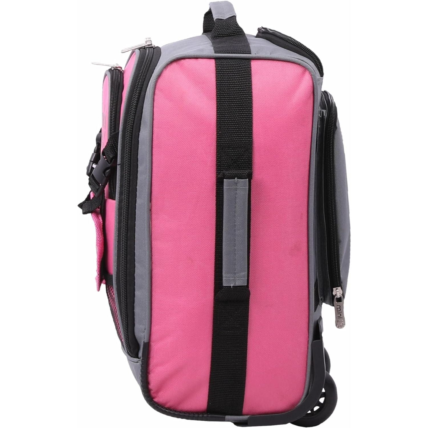 Side view of Aerolite MiniMax trolley backpack in pink and grey, highlighting its compact profile and durable construction.