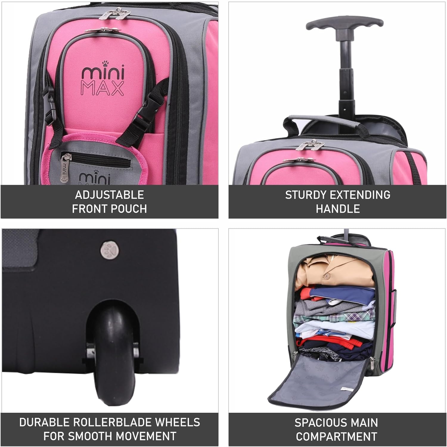 Close-up features of Aerolite MiniMax trolley bag including adjustable front pouch, sturdy handle, smooth wheels, and spacious compartment.
