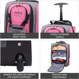 Close-up features of Aerolite MiniMax trolley bag including adjustable front pouch, sturdy handle, smooth wheels, and spacious compartment.